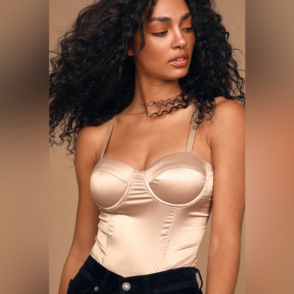 Lulu's High Priority Nude Pink Satin Bustier Thong Bodysuit